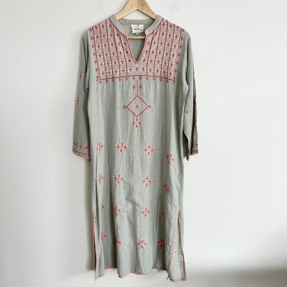 Meena Mahal Tunic Dress Sage Green Embroidered Kaftan Long Sleeve V-Neck - Picture 1 of 11